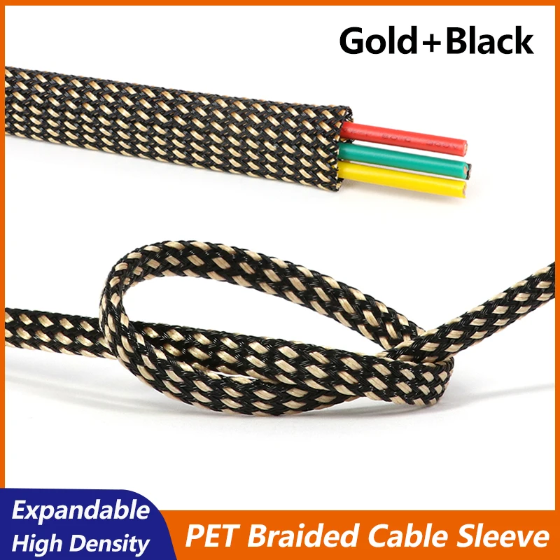 

Gold Black PET Braided Cable Sleeve 2/4/6/8/10/12/14/16/20/40mm Expandable High Density Insulated Cables Protection Wrap Sheath