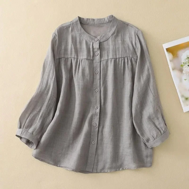 Summer Fashionable Loose Cotton Linen Seven-Quarter Sleeve Women's Shirt Slimming Casual Lightweight Sun Protection Top