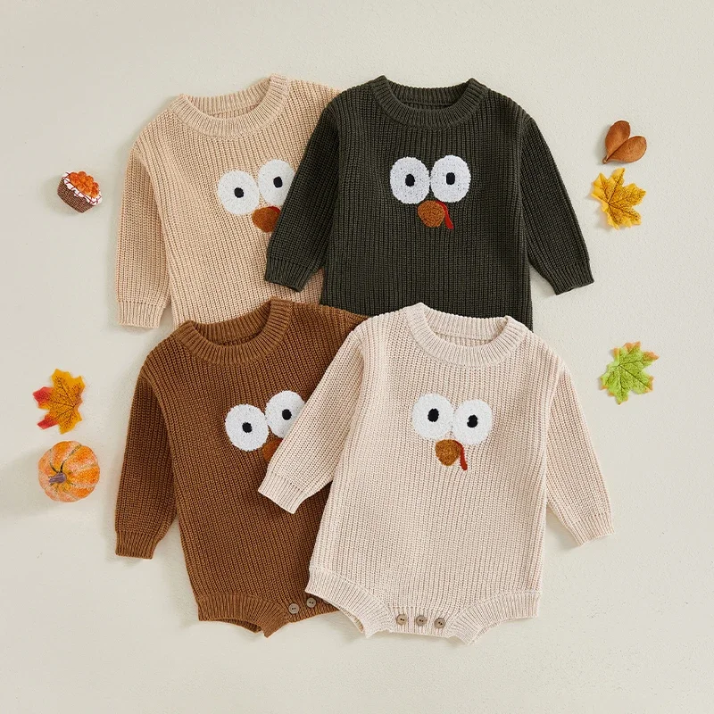 

VISgogo 0-24 Months Baby Boys Girls Thanksgiving Knit Romper Turkey Embroidery Long Sleeves Round Neck Sweater Bodysuits