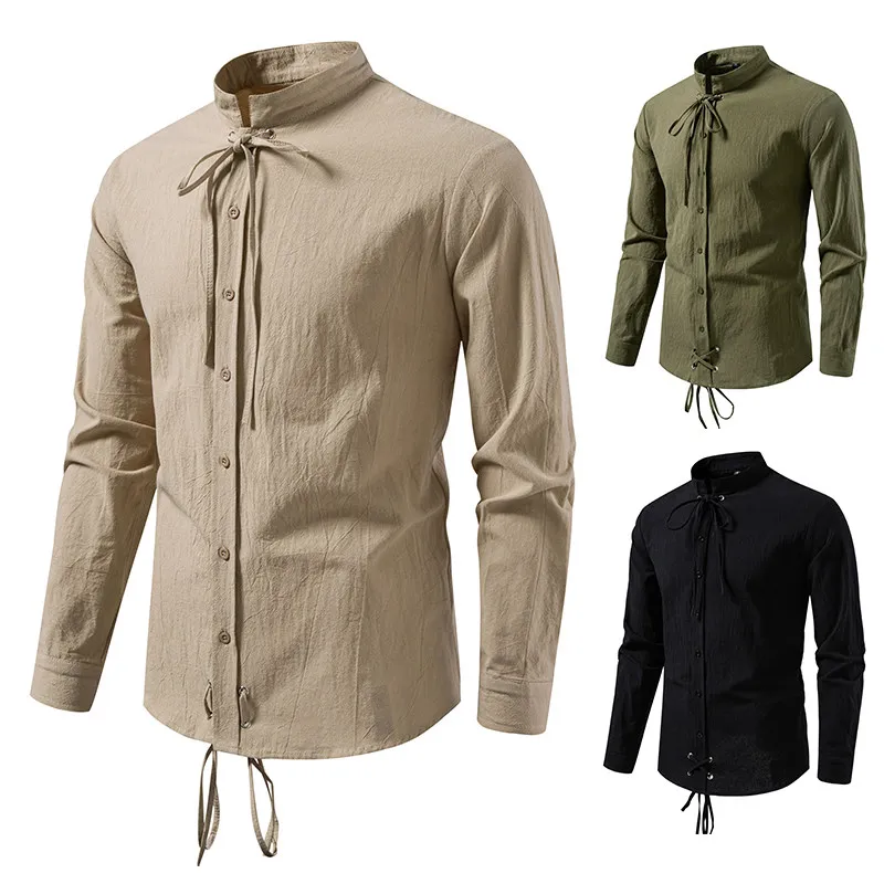 

Мужская хлопково-льняная рубашка с длинным рукавом, в пиратском стиле, с воротником-стойкой, повседневная, дышащая, летняя, с пуговицами