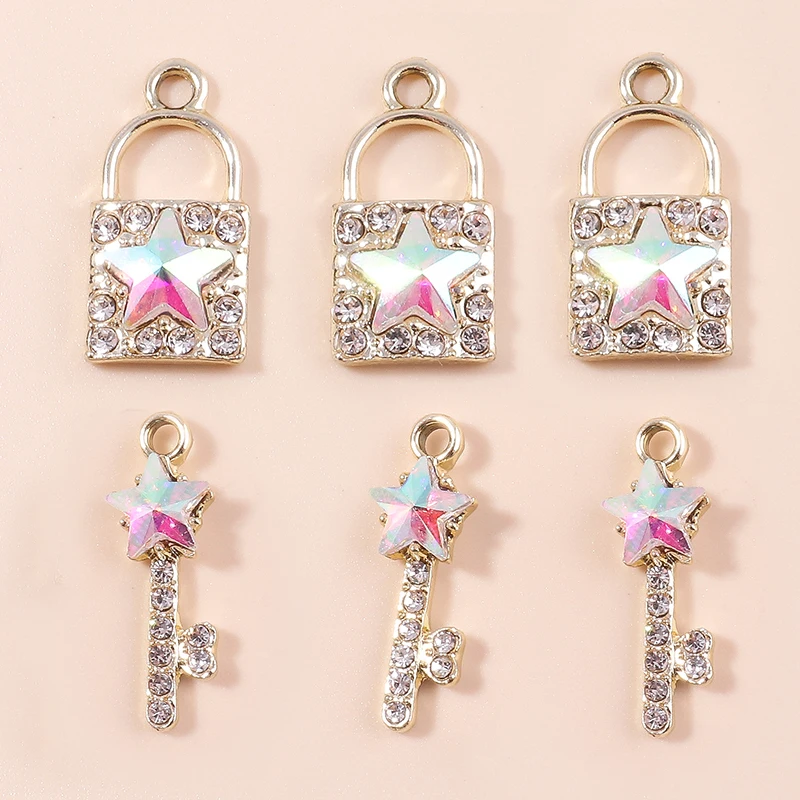 

Leslie 10pcs Gold Color Shiny Crystal Lock Key Charms For Pendants Necklace Earring DIY Jewelry Making Handmade Findings
