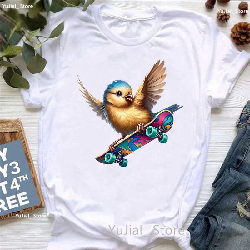 Funny Skateboarding Bird Printed T Shirt Girls Casual Tshirt Women Harajuku Kawaii Clothes Summer Short Sleeve T-Shirt Female