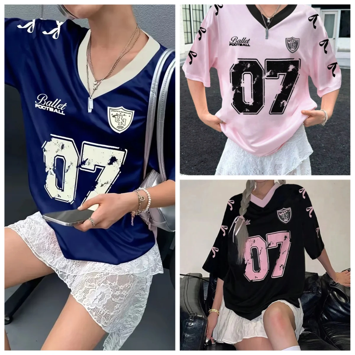 

Последние женские No 06 с буквенным принтом и v-образным вырезом с коротким рукавом, летние футбольные майки, свободные повседневные спортивные женские пижамы, футболка Y2k