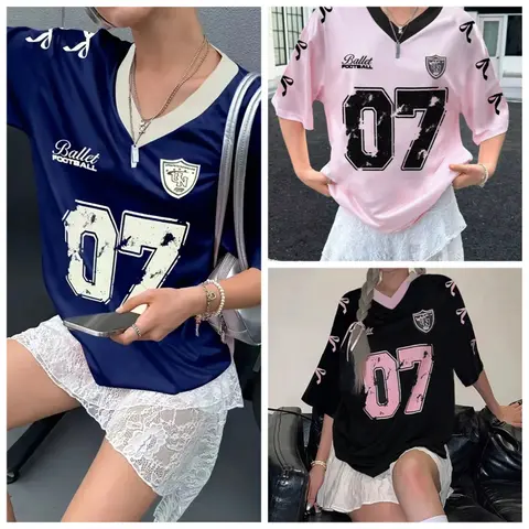 최신 여성 No.07 편지 인쇄 v 넥 짧은 소매 여름 축구 유니폼 느슨한 캐주얼 스포츠 여성 잠옷 티셔츠 Y2k