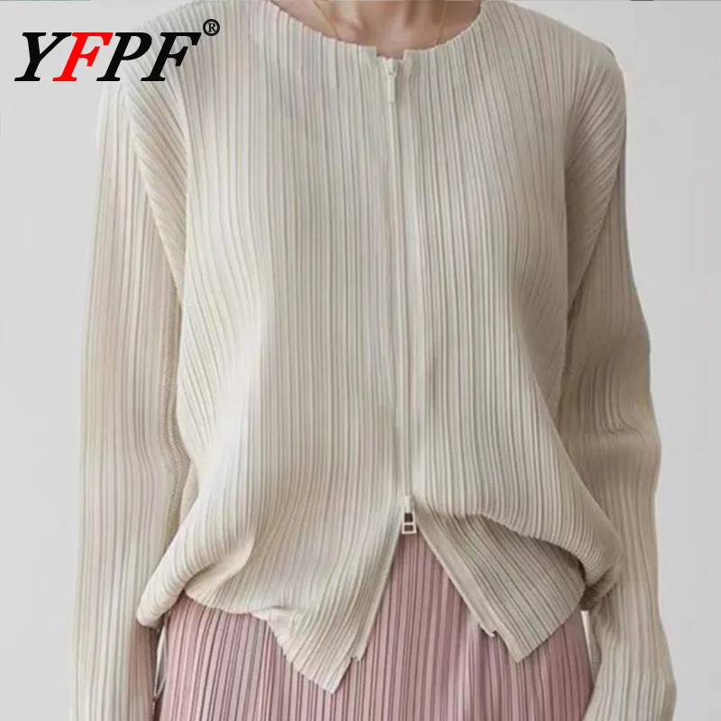 

YFPF Miyake Pleated Solid Jacket For Women Fashion O Neck Zipper Long Sleeve Casual Coat Versatile 2026 Spring New Clothing