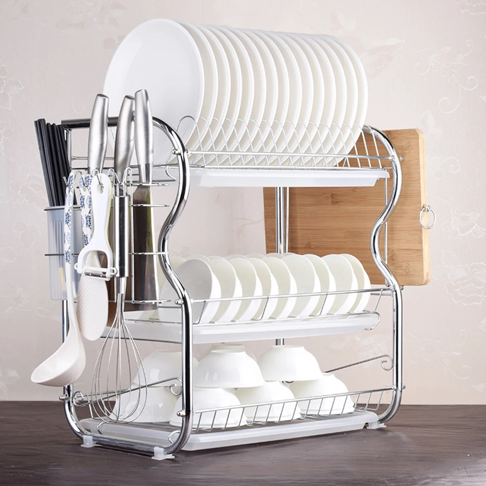 

Multi-function 3-Tier Dish Rack Kitchen Supplies Storage Draining Rack with Chopsticks/Knives/Cutting Board Holder Drainboard