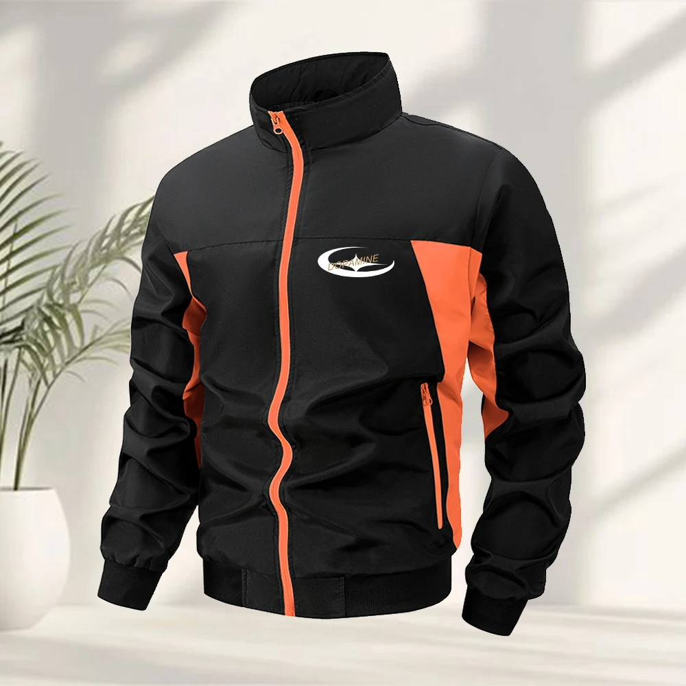 Men's Stand Up Collar Jacket With Simple Circular Star Print Outdoor Casual Windproof Jacket Running Cycling Zippered Pocket Top