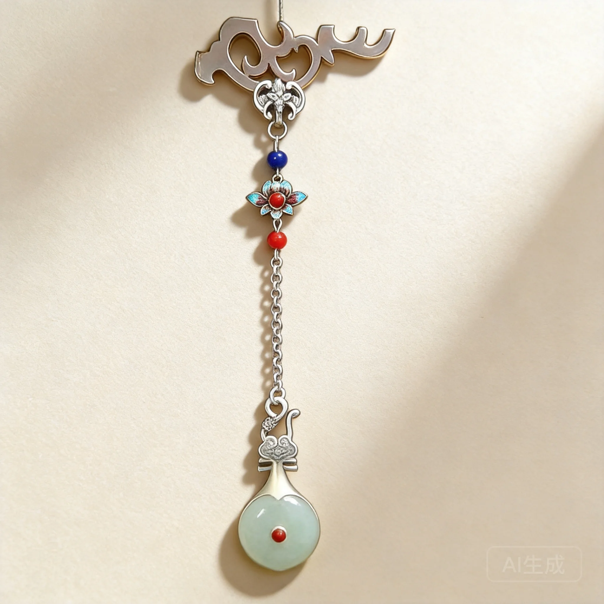 

Chinese Style Auspicious Good Luck Pipa Lotus Cloisonne Brooch Silver Plated Imitation Hetian Jade Retro Cheongsam Hanfu Clothin