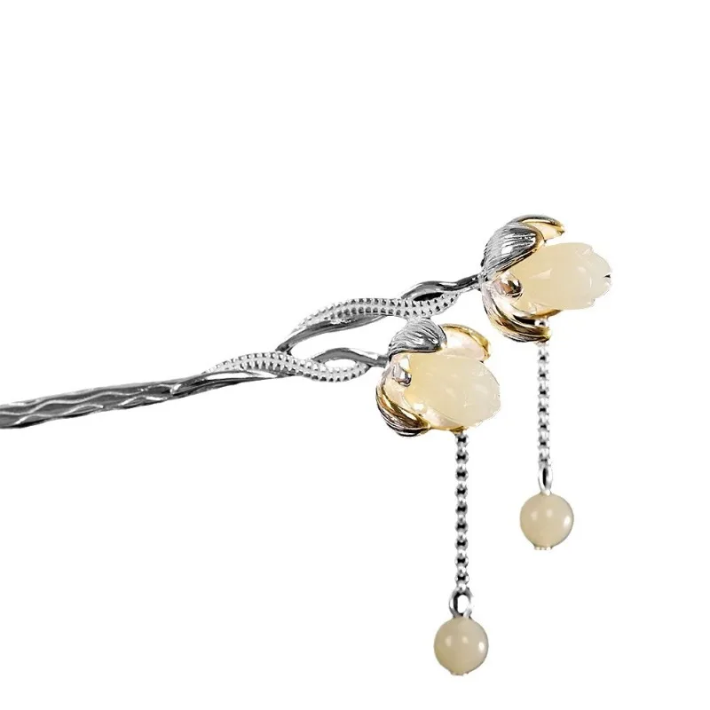 

silver jewelry, ladies and Tian jade hairpins, temperament, literary and antique style, panfa, magnolia flower hair ornaments