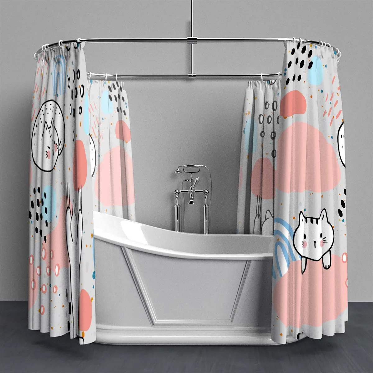 180x180cm bathroom waterproof polyester shower curtain, mold resistant, perforated with hooks, light gray pink cartoon kitten