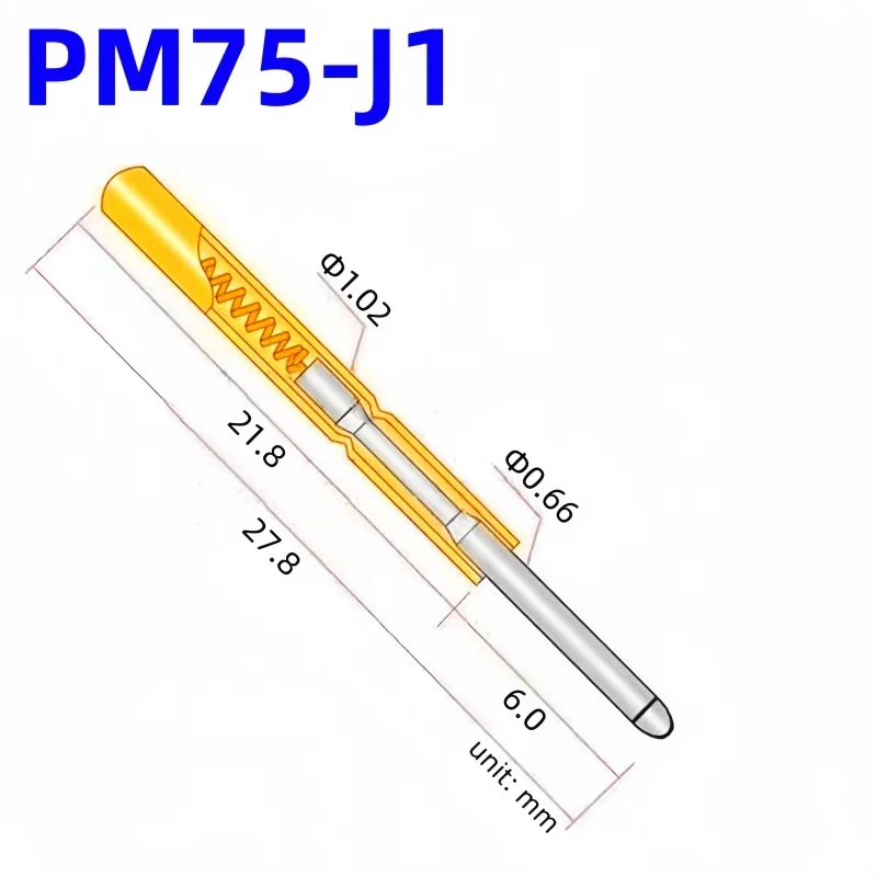 20/100PCS PM75-J1 Spring Test Probe Pogo Pin Test Pin Dia 1.02mm Tip Dia 0.66mm 27.8mm PM75-J Test Tool PCB Test Round Tip