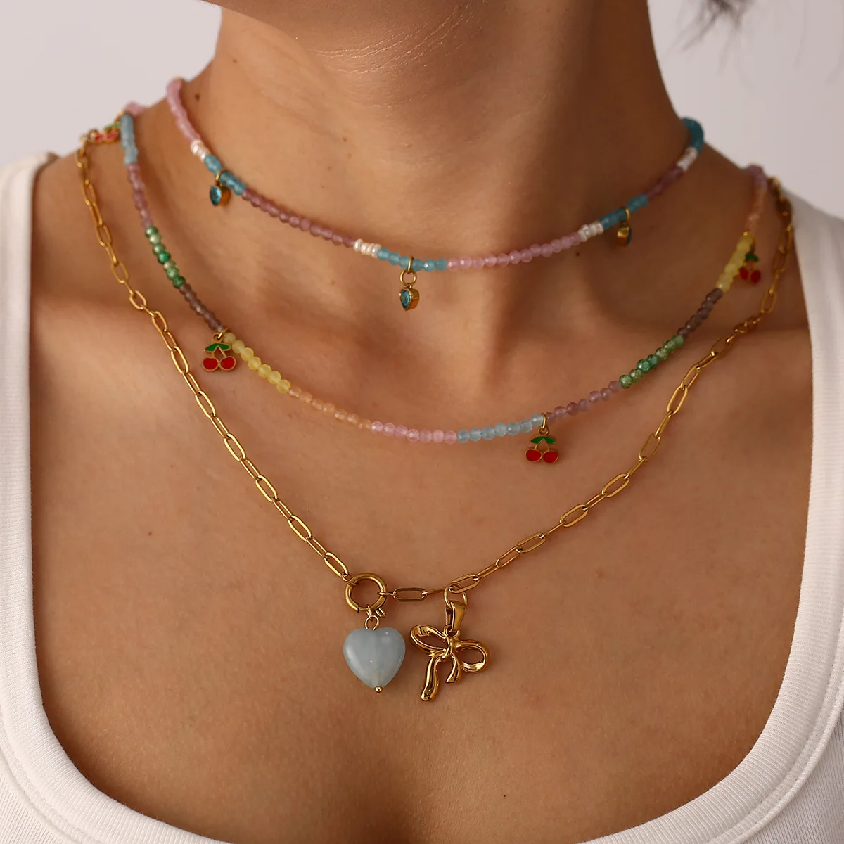 قلادة كرز مخصصة من الفولاذ المقاوم للصدأ مع عقدة فراشة وقلادة قلب من الحجر الطبيعي، إكسسوار مجوهرات عصري للجنسين