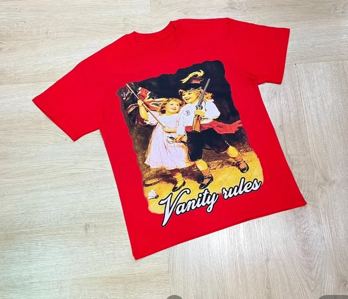 2026 Vivid Red Unisex Short Sleeve Shirt, Vintage Oil Painting Kids Portrait Front Graphic Retro Art Aesthetic Loose