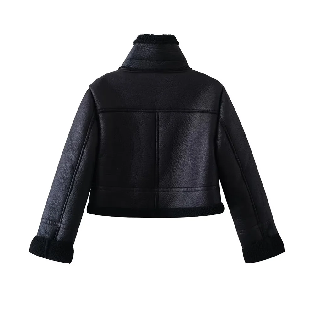 PB&ZA 2024 Early Autumn New Women\'s Fashion Lambswool Stand Collar Motorcycle Suit Full Wool Fur Coat Short