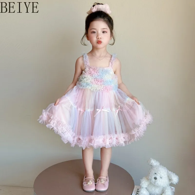 

Cute Rainbow Tiered Tulle Tutu Dress for Girls Sleeveless Ruffle Princess Dress Kids Sweet Birthday Party Photoshoot Dress