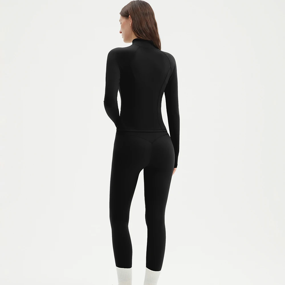Zweiteiliges Sportset für Damen, einfarbig, mit Reißverschluss, langärmelige Sportjacke und Leggings mit hoher Taille, sportliches, atmungsaktives Yoga-Set für Damen – Detail 1