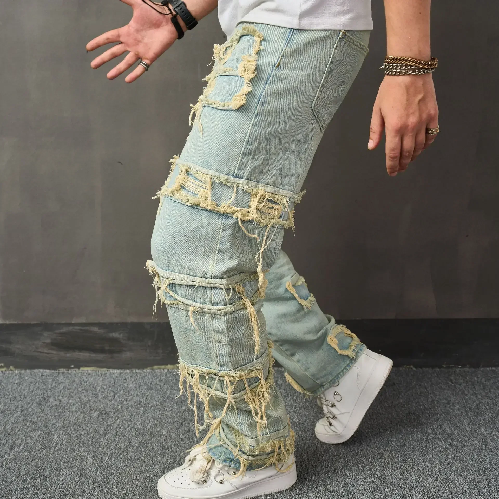 

American Retro Ripped Jeans with Patchwork and Anti-Bacterial Fabric New Style Men's Loose Slouchy Fashion Wide-Leg Casual Pants