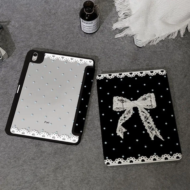 Korea Polka Dots Lace Bow ins Y2K Tablet Case For iPad Pro 11 13 M2 M4 M3 10.2 5/6th 7/8/9/10/11th Mini 6 7 Air 5 6 Stand Cover