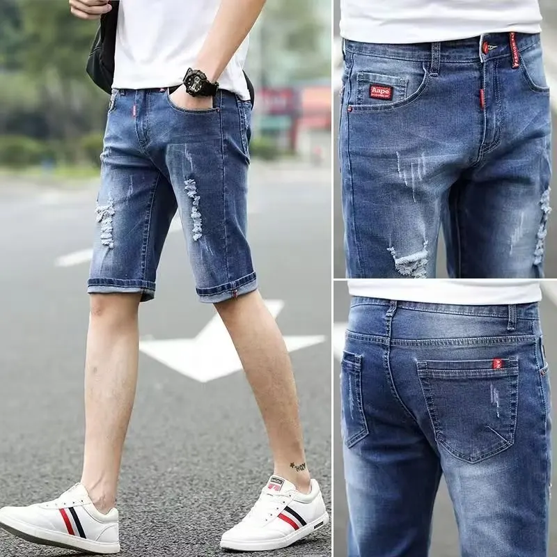 

Slim Fit Korean Sle Men's ort Jeans Summer Thin Straight Tube Five-Point Middle Age Dad Seven-Point Outerwear Pants