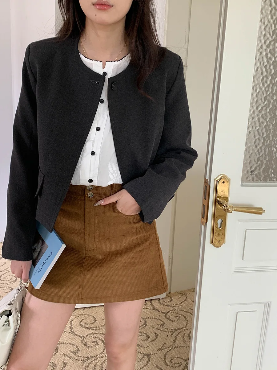 

Ранняя осень, новый короткий пиджак во французском стиле с круглым вырезом