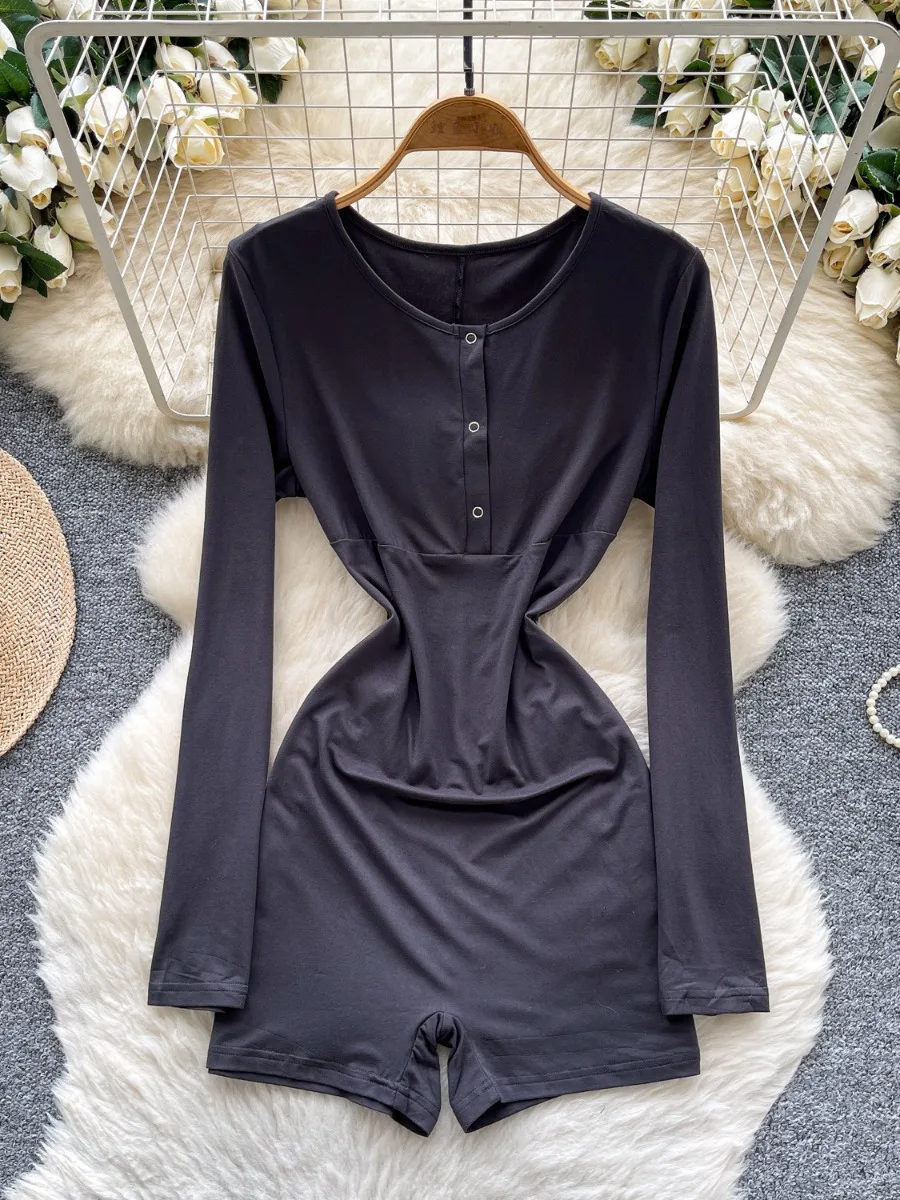 

Foamlina Autumn Casual Slim Fit Base Layer Bodycon Shorts Bodysuit Elastic Grey Long Sleeve Jumpsuit