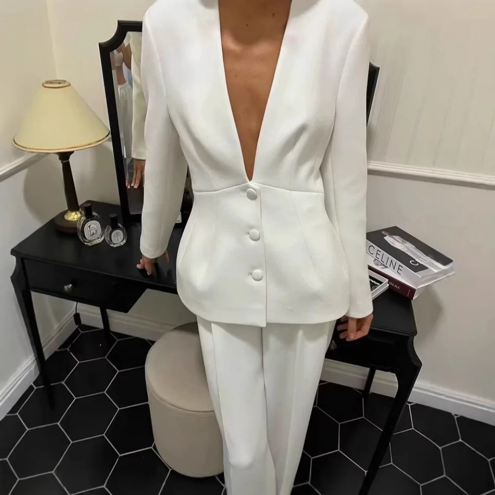 Donna Bianco 2 Pezzi Set Profondo scollo a V monopetto Blazer Cappotto Pantaloni a vita alta Donna Chic 2025 Primavera Office Lady Outfits