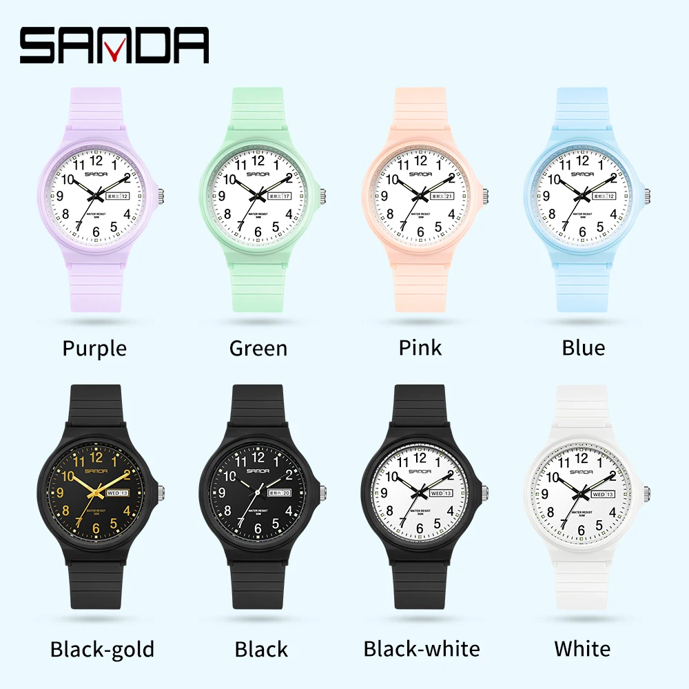 SANDA Top Brand Luxury Women Watches Casual Fashion Quartz Watch Ladies TPU Strap Waterproof Week Date Wristwatch