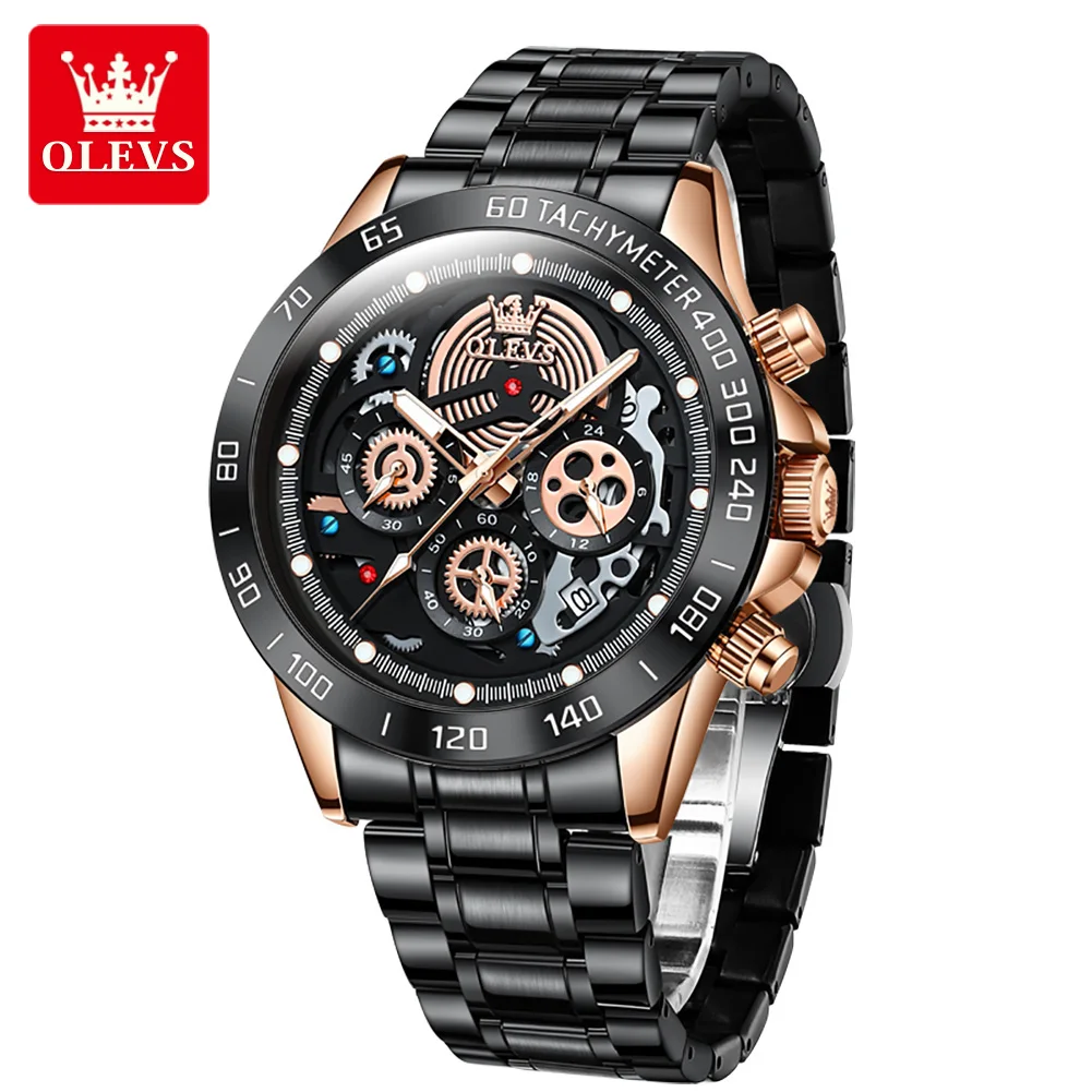 OLEVS-reloj deportivo de acero inoxidable para hombre, cronógrafo de pulsera de cuarzo, resistente al agua, diseño de esqueleto, marca superior, de