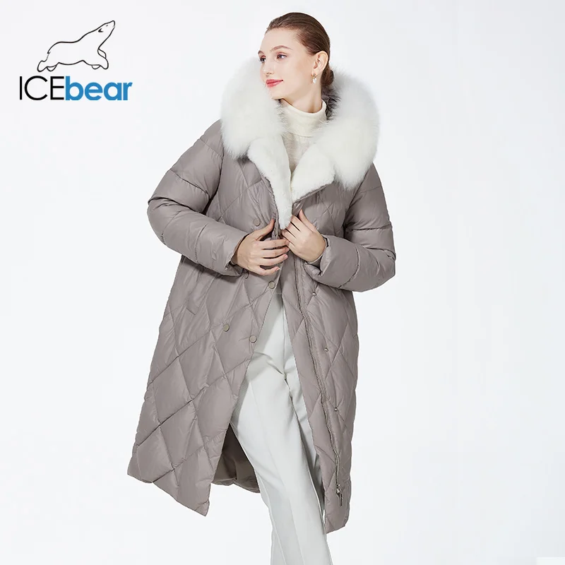 Casaco longo de luxo ICEbear com capuz de pele para mulheres, parkas acolchoadas à prova de vento, cinto feminino, casaco quente, 2023, GWD3925I