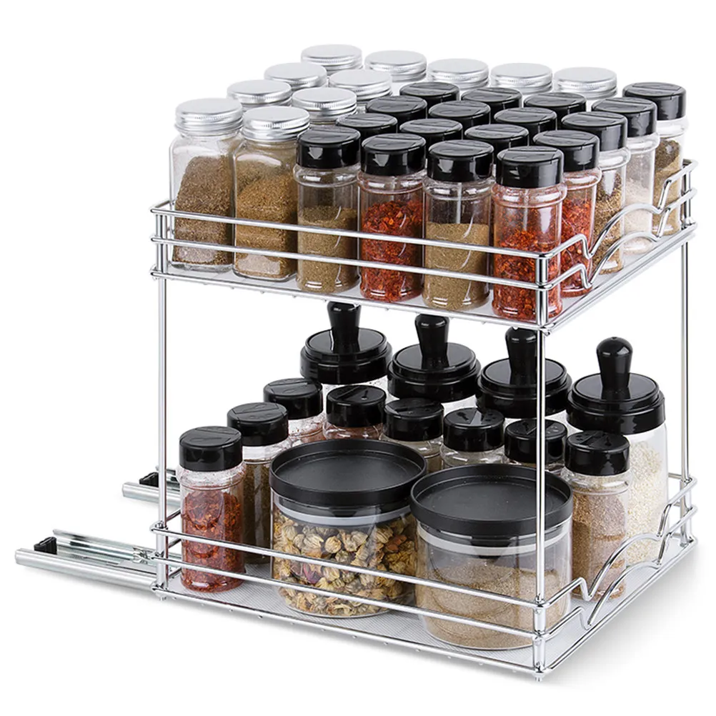

Двухуровневая выдвижная металлическая подставка для специй, сверхпрочный органайзер для приправ, эффективная кухонная полка для хранения в узких пространствах