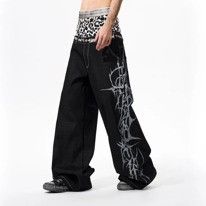 HKSH Spring Autumn New Men's Tide Leopard Print Patchwork Double Waistband Jeans Trendy High Street Wide-leg Denim Pants HK13178