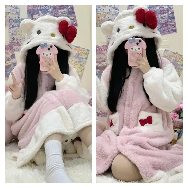 

Женский комплект пижамы из кораллового флиса Kitty Cat: новый зимний фланелевый халат, теплая и уютная домашняя одежда, модный комплект для сна в стиле Kawaii
