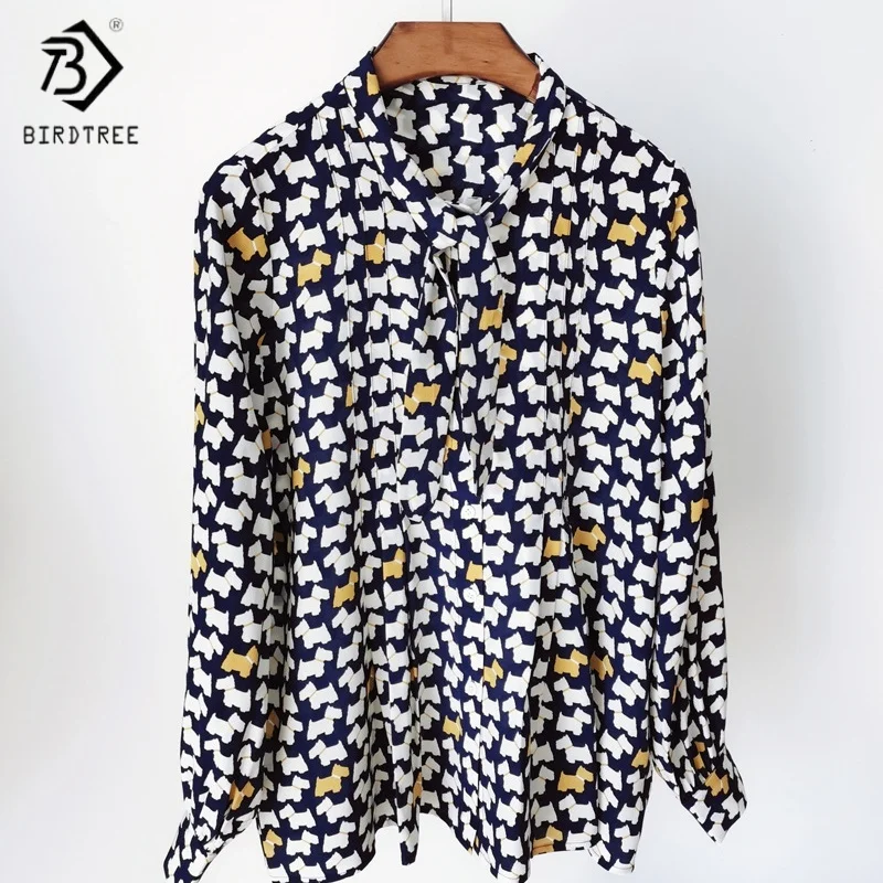 

Birdtree,17MM 100% Real Silk Blouse,Women's Double Crepe Print Shirts,With tie,Full Sleeve Tops,2025 New Casual Shirt T5D310JF