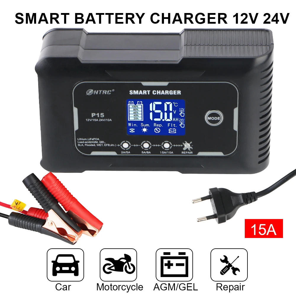 High Power 240W 15A Smart Battery Charger Automatic Automatic Pulse Repair LCD Display for Lifepo4 AGM Lead-Acid Lithium Batteri