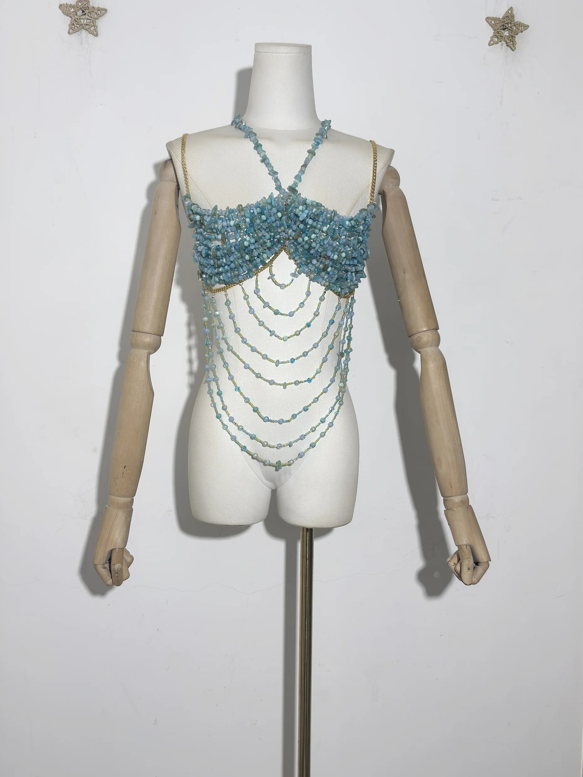 

New Glamourous Glacler Blue Women Bohemian Stone Beaded Body Chain Tassel Strap Crop Top Handmade Hot Sexy Beachwear Lingerie