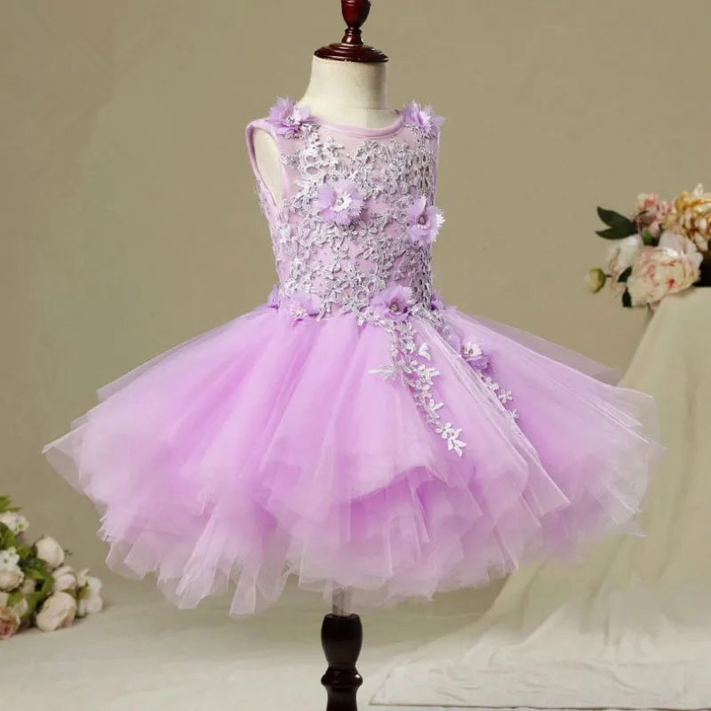 Elegant Long Trailing Appliques First Communion Dress Purple Tulle Ball Gown Kids Pageant Gown Flower Girl Dress for Weddings