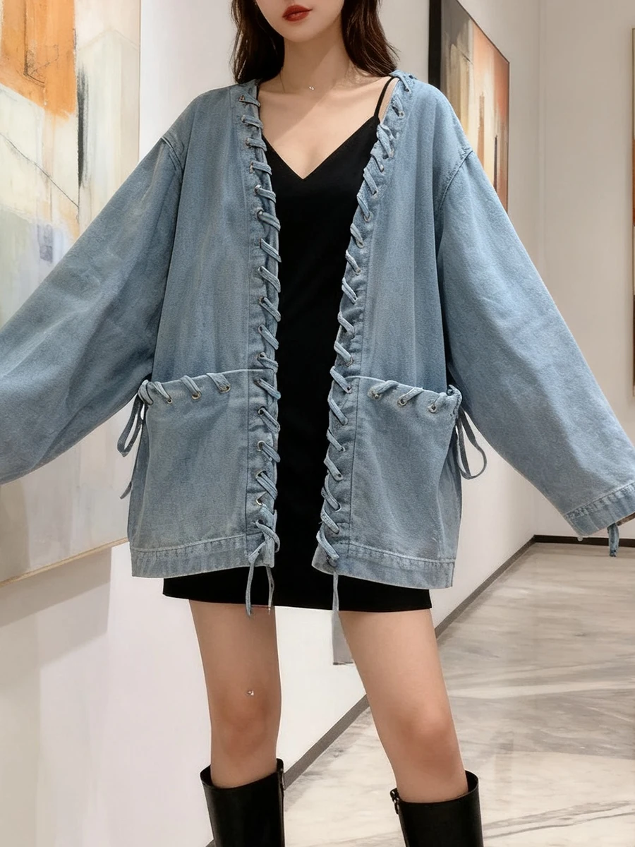 VGH Solid Spliced Pockets Loose Coats for Women V Neck Long Sleeve Patchwork Drawstring Design Sense Coat Female Fashion Style