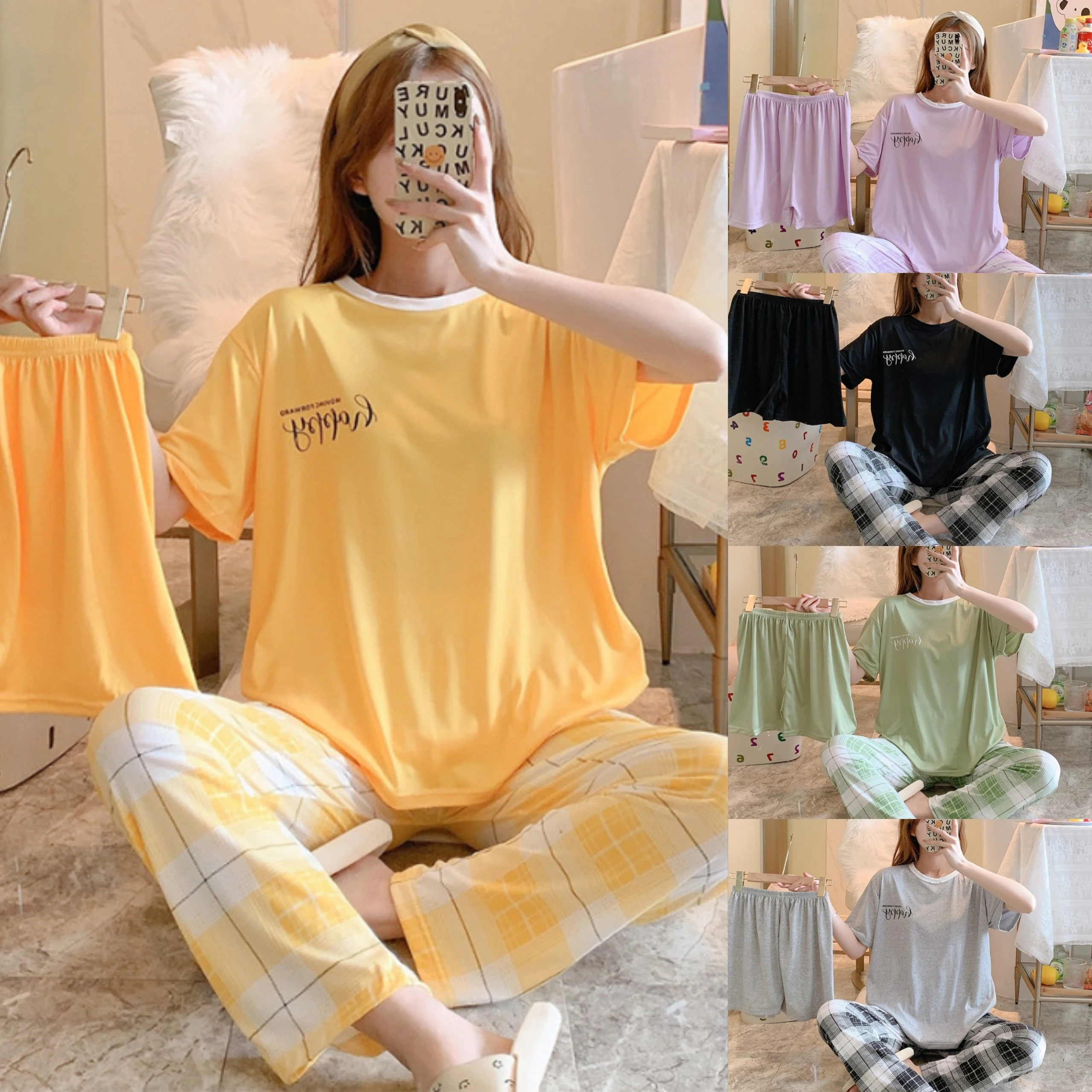 New 3-Piece Set Of Ladies Summer Pajamas Women Short-Sleeved Trousers Casual Women Three-Piece Set Of Homewear Pajamas Leisure