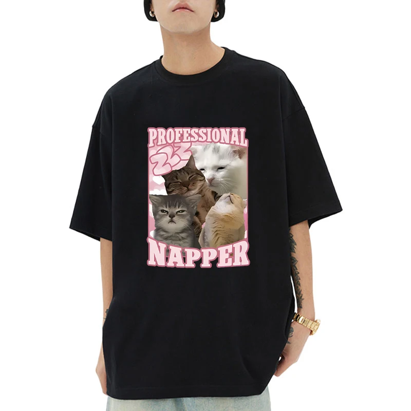 

2025 Fashion Professional Napper Funny Cat Meme printed short sleeve T-shirts Men Women Kawaii High Quality Cotton Tops Unisex