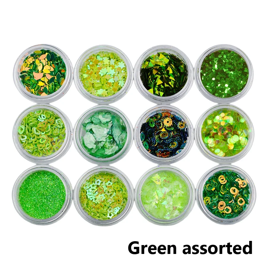 12pçs conjunto de pó de glitter para unhas, lantejoulas para unhas, flocos de seda, linho, gelatina, decoração colorida, faça você mesmo, manicure, arte de unha