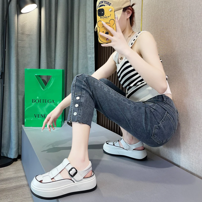 5cm Cow Genuine Leather Sneakers Round Toe Platform Wedge Hollow Comfort Ladies Women Sandals Buckle Slides Summer Fashion Shoes