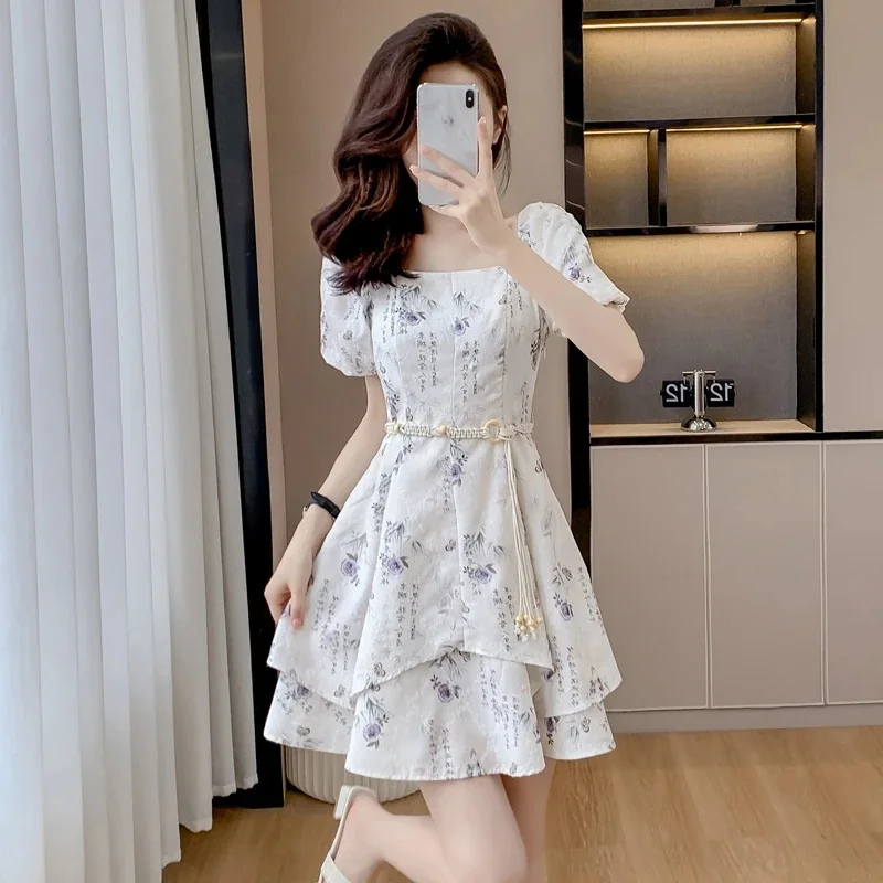 

National Style Dress 2025 Summer Loose ink Painting Short Sleeved Square Neck Slim fit and Slim Figure Ancient Style Short Skirt