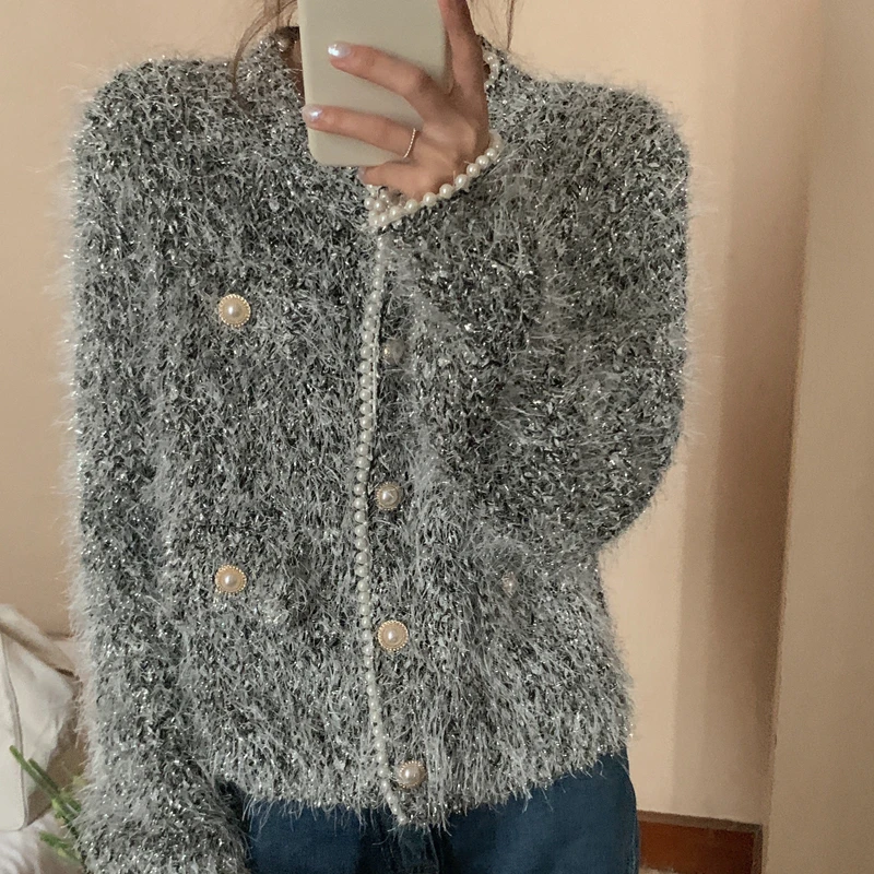 

Women's Single Breasted Knitted Cardigan, Pearl Decorated, Slim Sweaters, Female Knitwear, Autumn, Winter, 2023