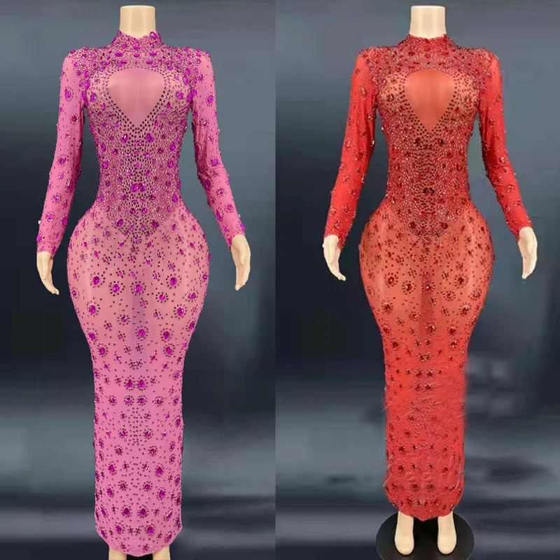 

Flashing Red Pink Crystals Stones Sexy Transparent Long Dress Mesh Stretch Long Sleeves Dress Birthday Celebrate Outfit XS4184