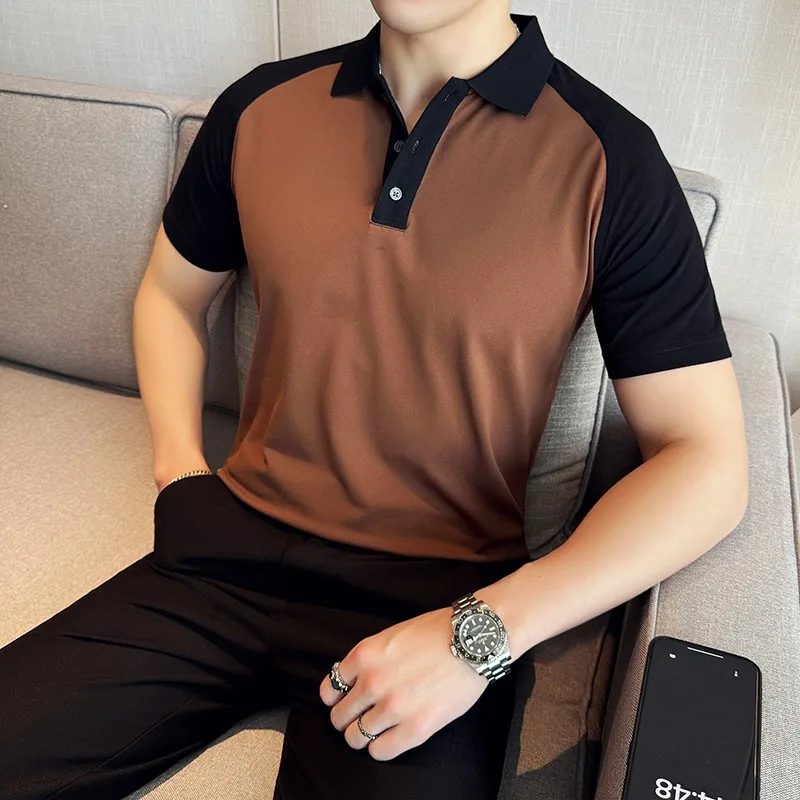 

Summer Men's Polo Shirt Men's Fashion Contrasting Colors Splicing Tops Slim Casual Lapel T-shirts Business Social Men Clothing