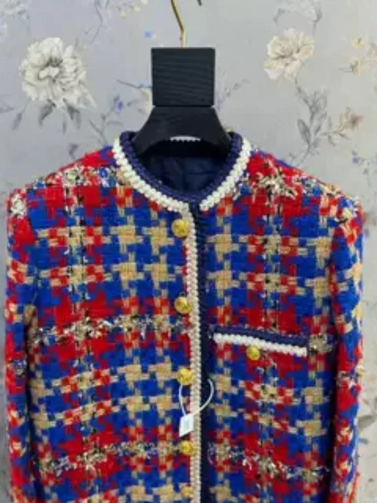 Wiosna 2025 Klasyczny Retro Kolorowy Luźny Wyszczuplający Casualowy Uniwersalny Kardigan w Kratę z Dzianiny Tweedowej Odzież Wierzchnia Damska