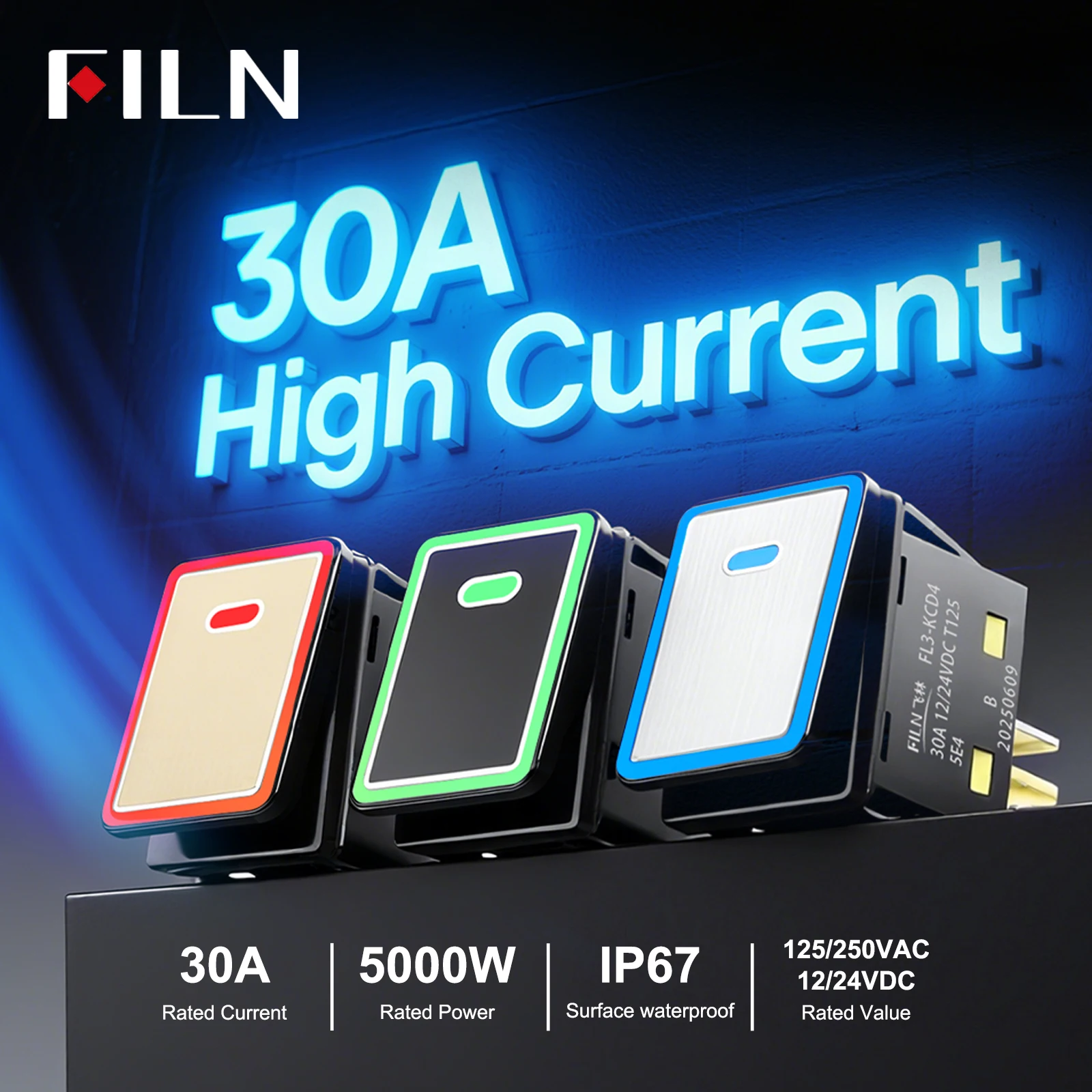 فيلم الروك التبديل 30A مقاوم للماء IP67 مختومة السيارات قارب البحرية تبديل 12 فولت 24 فولت 110 فولت 220 فولت 30x22 أحمر أخضر أزرق كهرماني أبيض