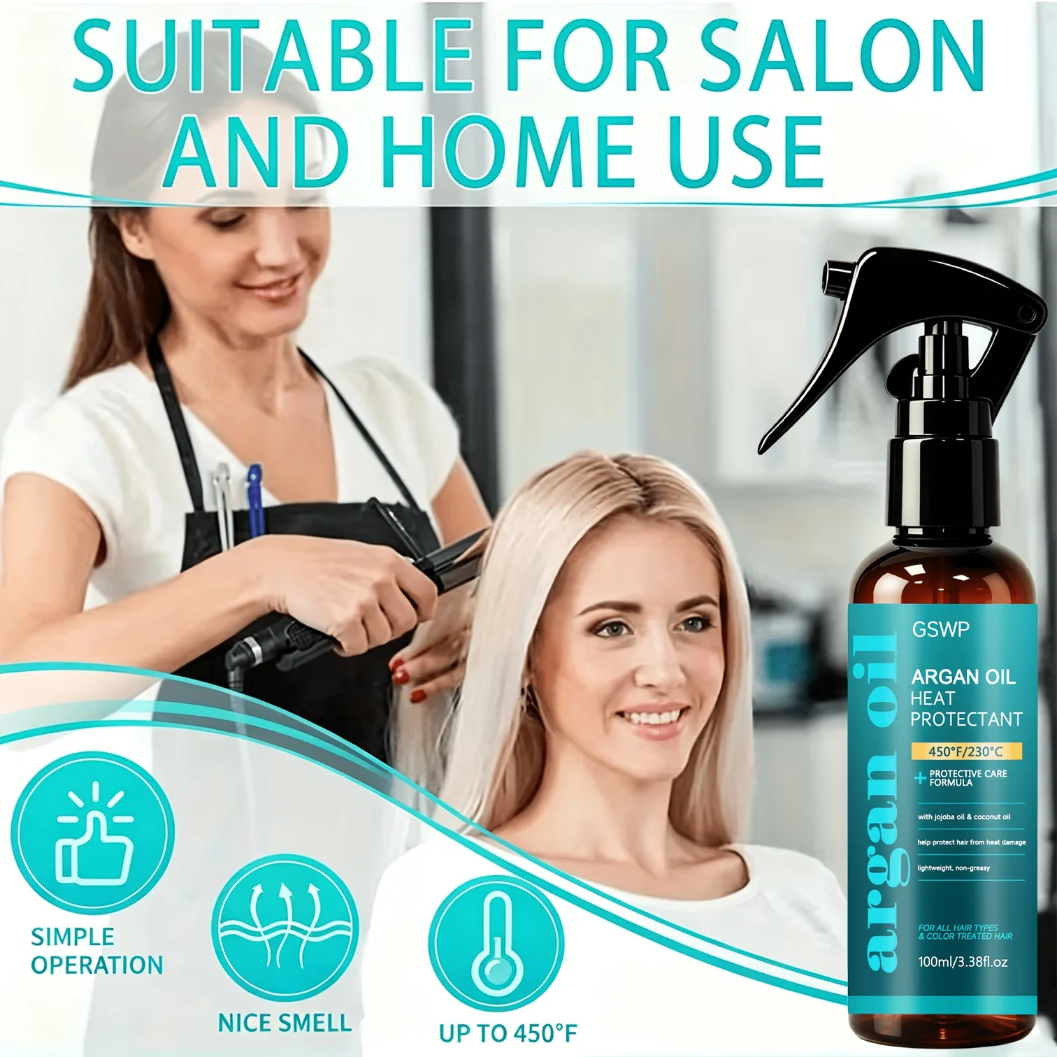 GSWP Arganöl-Schutzspray, 450 ° F Hitzeschutz für Haare, Leichte und Feuchtigkeitsspendende Nährende Arganöl-Haarkur. 100/200ml – Detail 5