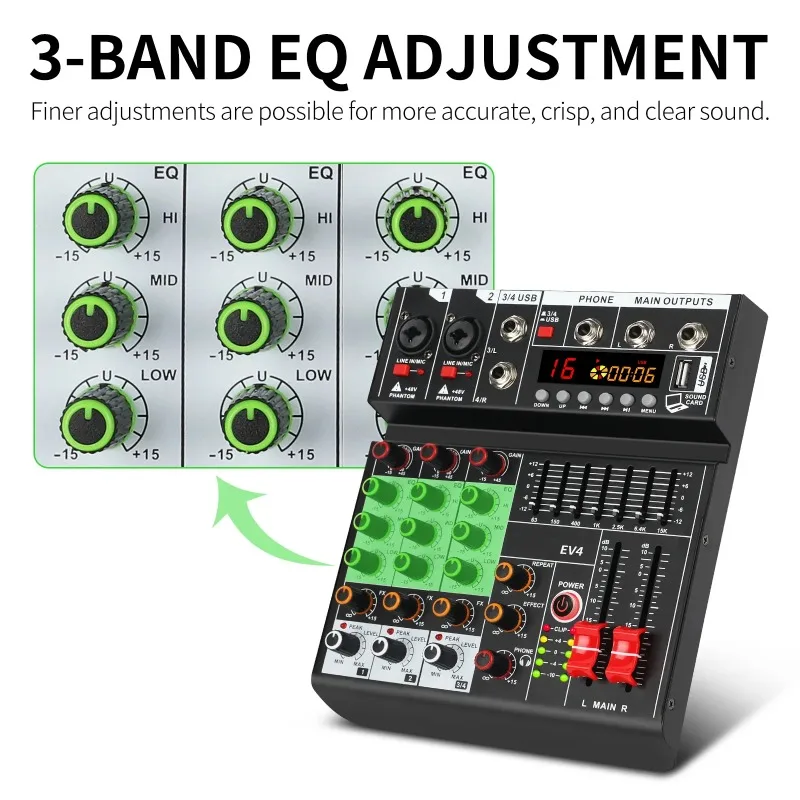 USB interface 4-channel mini mixer with 16 DSP effects