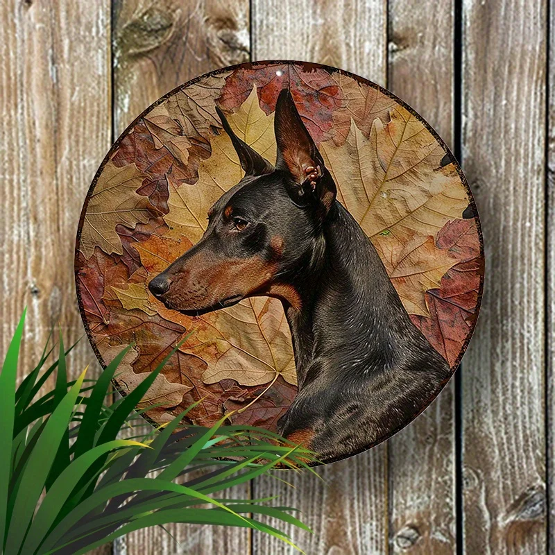 لافتة ألومنيوم مستديرة مقاس 8 × 8 بوصة: لوحة فنية جدارية من دوبيرمان بينشر ذات أوراق مجففة - مقاومة للماء والأشعة فوق البنفسجية لديكور المنزل #4